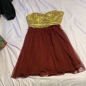 Deb Strapless Dress Gold and Burgundy